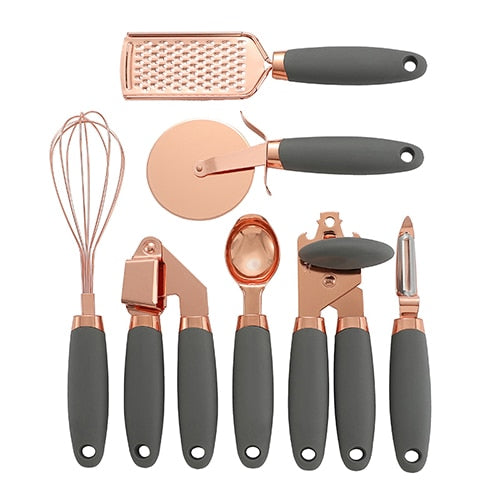 White Silicone Copper Kitchen Utensils Set with Holder 17 Pc Rose Gold  Kitchen