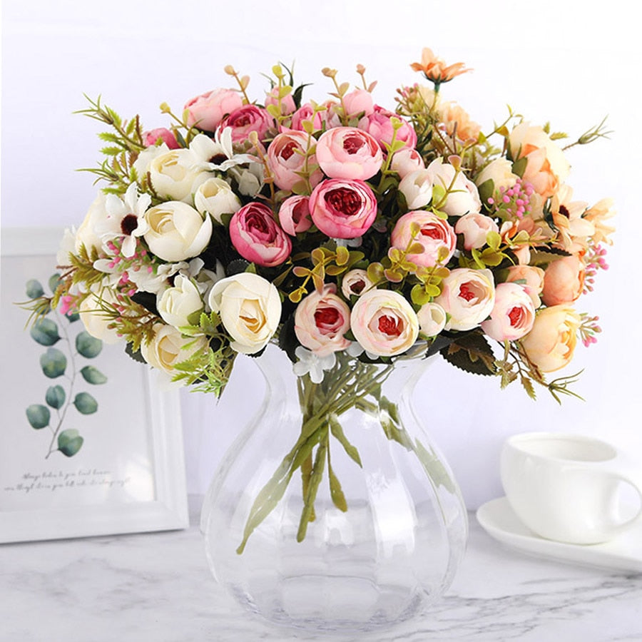 Floral Collection - Silk Blooming Roses and Daisy Bouquet